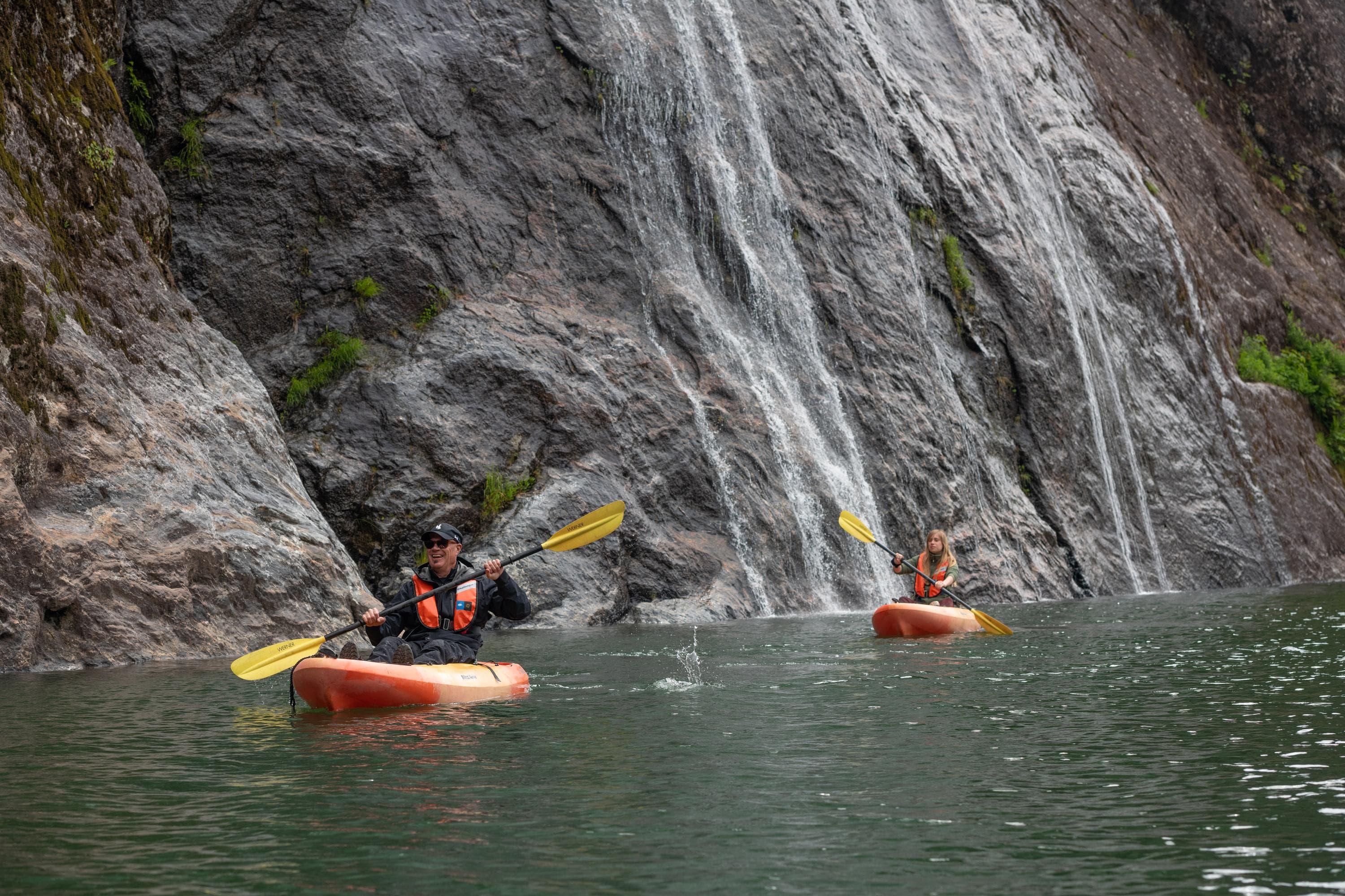 Guests explore by kayak, Owl Pass in Rudyerd Bay, Misty Fiords National Monument, Ketchikan, Alaska, USA.