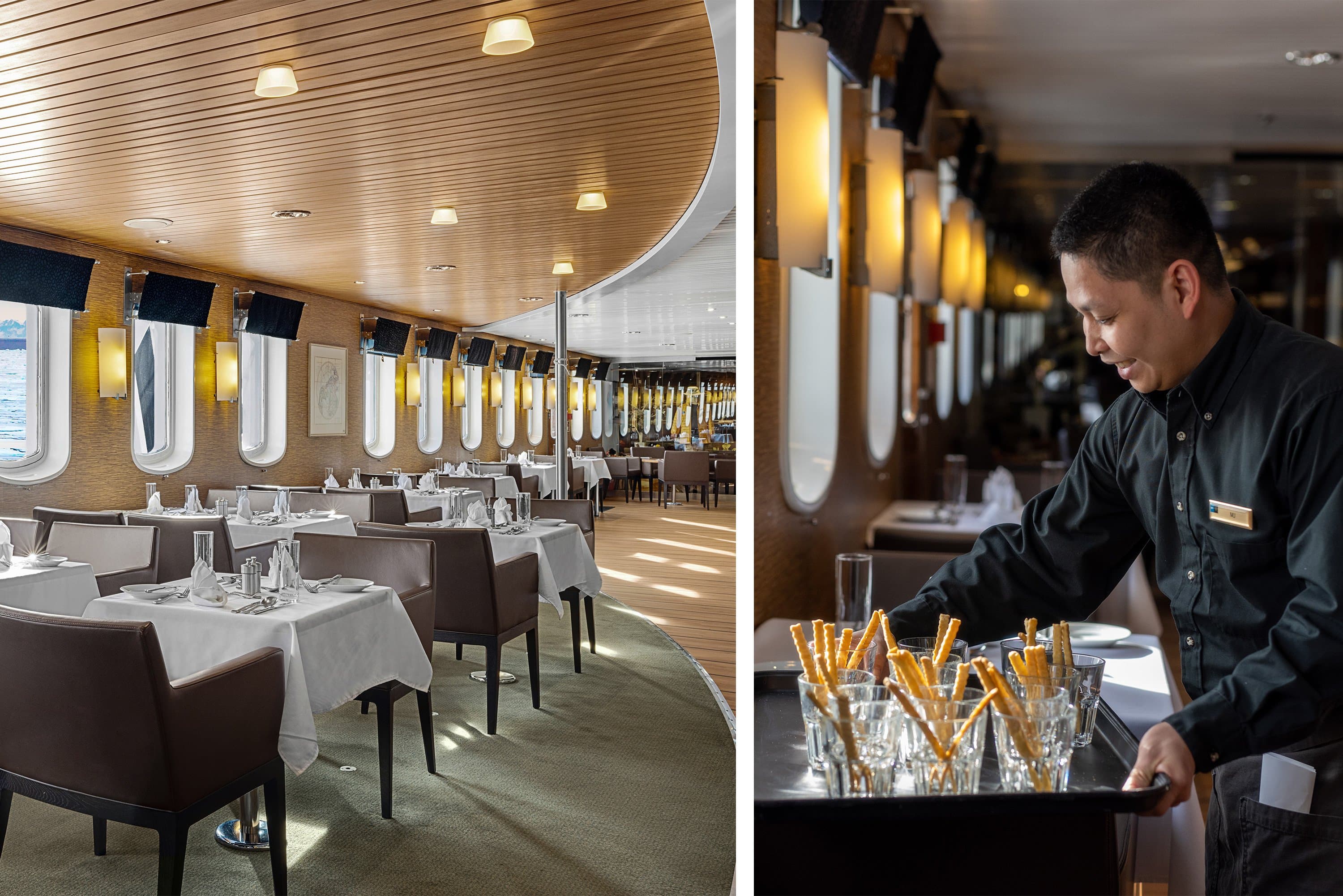 Bistro (left) and dining room (right) on the ship National Geographic Explorer.