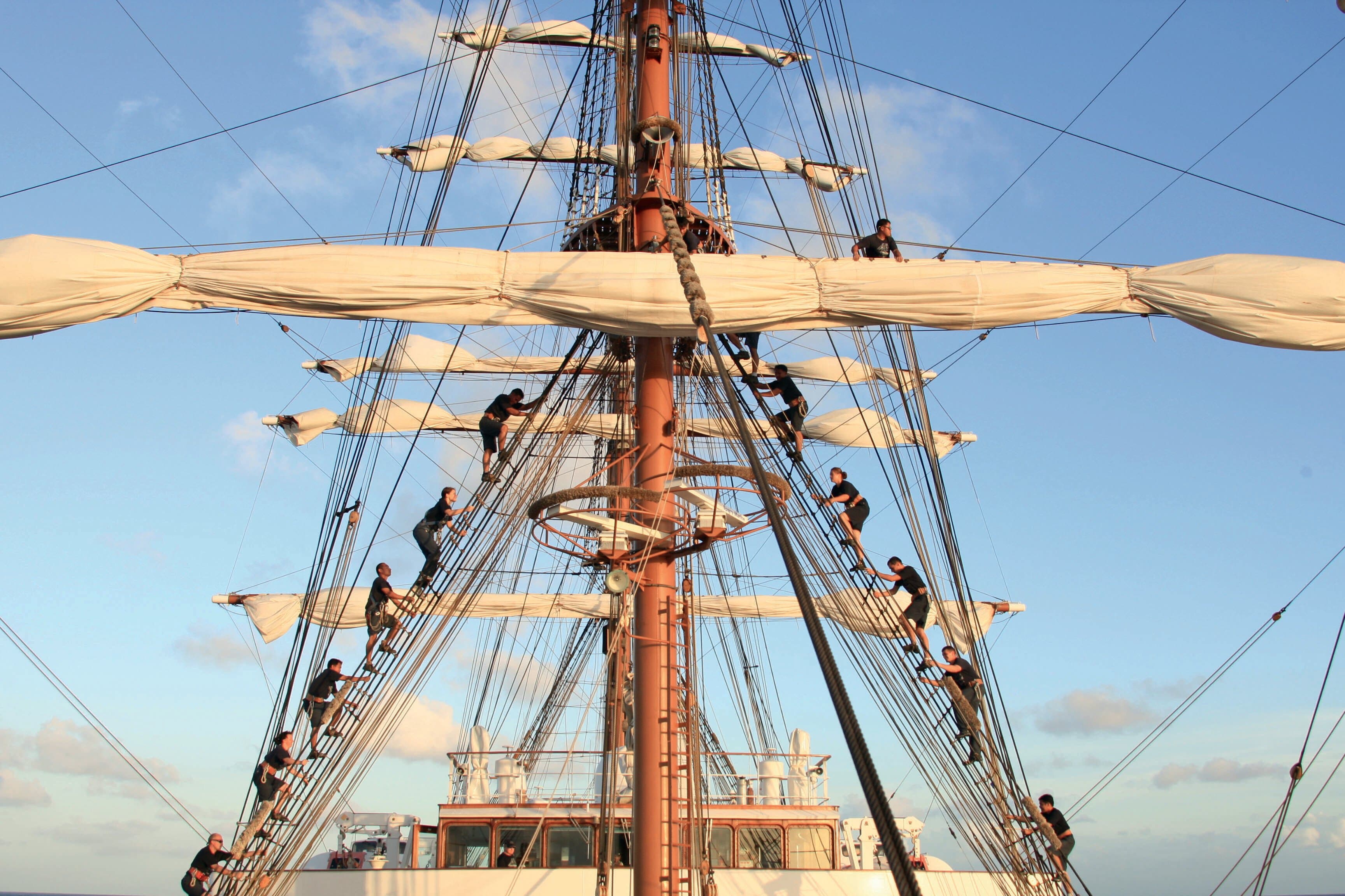 Sailing crew working on the ship Sea Cloud II