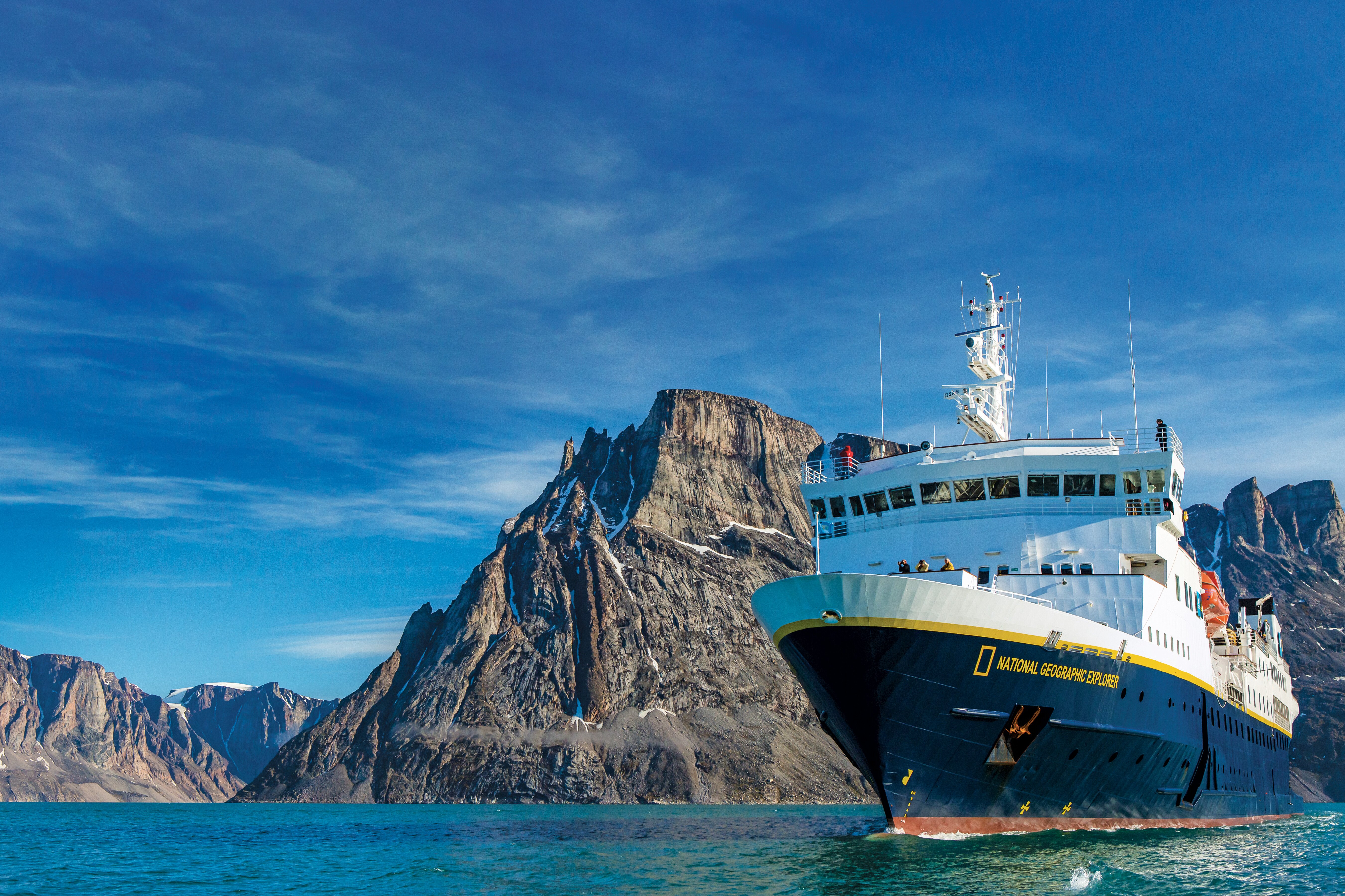 The ship National Geographic Explorer in Buchan Gulf, Icy Fjord, Baffin Island, Nunavut, Canada.