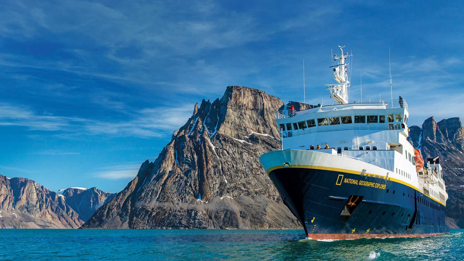 The ship National Geographic Explorer in Buchan Gulf, Icy Fjord, Baffin Island, Nunavut, Canada.