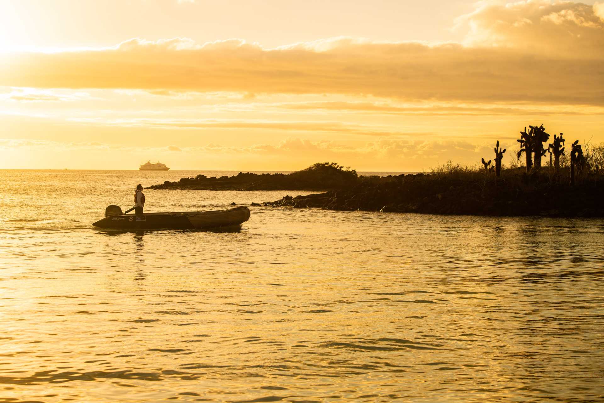 Zodiac approaching Santa Cruz Island, Galápagos.