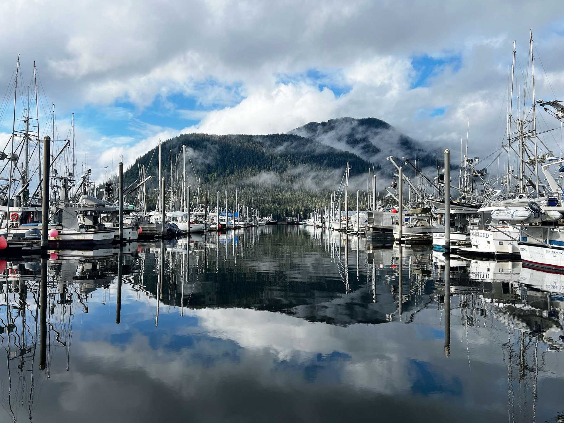 a marina in Alaska with boats reflected in water