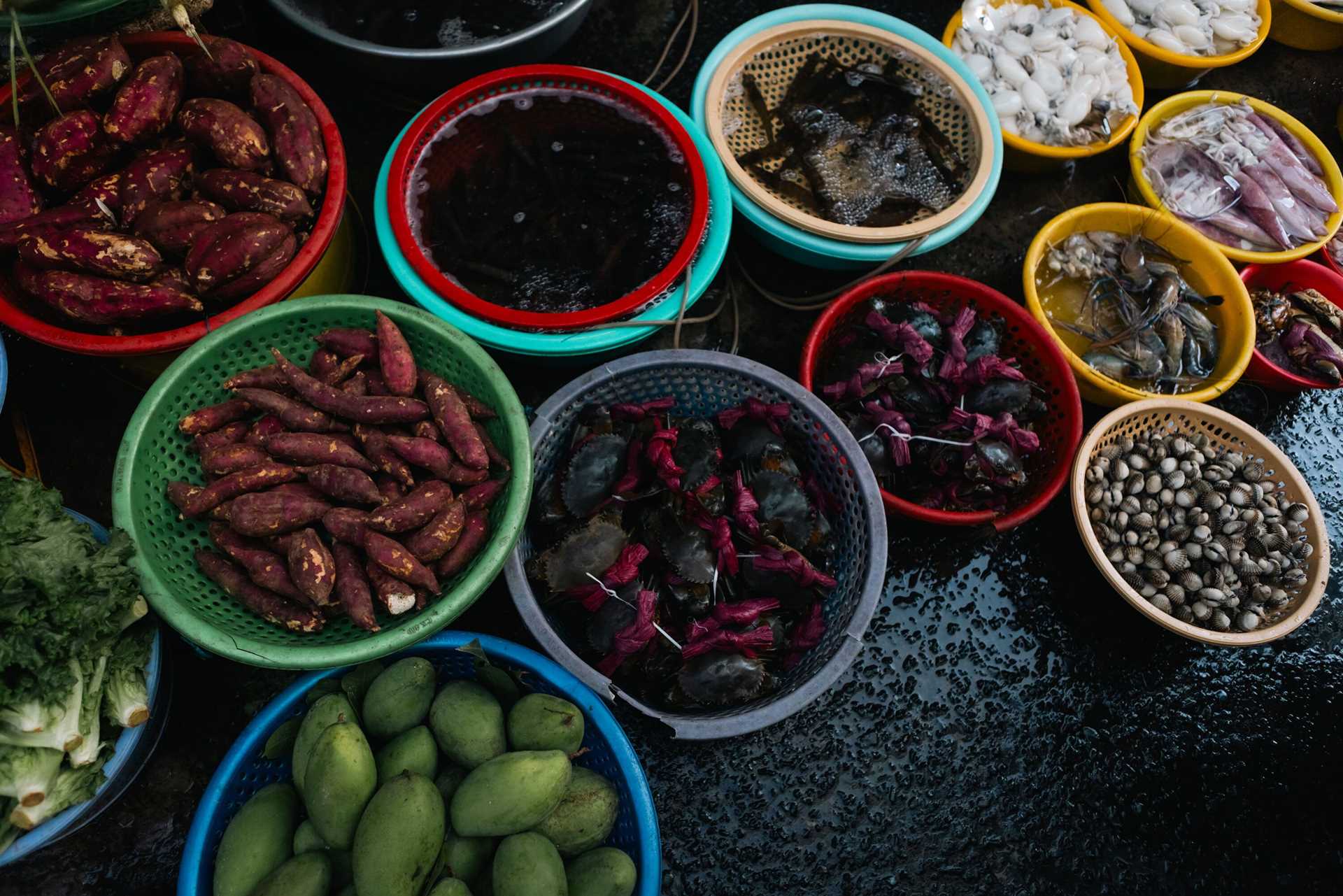 colorful baskets full of fresh produce